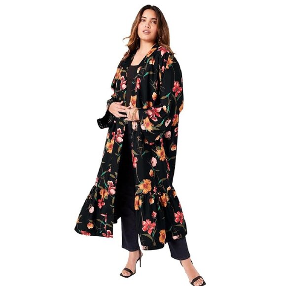 June + Vie Floral Reversible Kimono Duster Size 1X 22/24 Polka Dot Satin Black - Picture 1 of 12